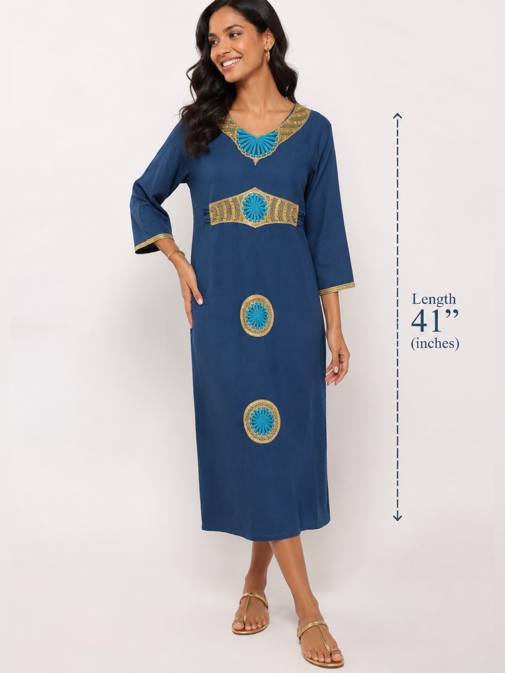 Blue Embroidered Caftan Midi Dress Gold Trim 3/4 Sleeve Boho Resort Lounge Kafta